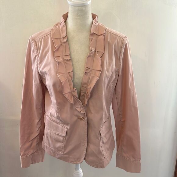 Talbots pale pink ruffle collar long sleeve cotton short jacket Size 10 - Picture 1 of 8